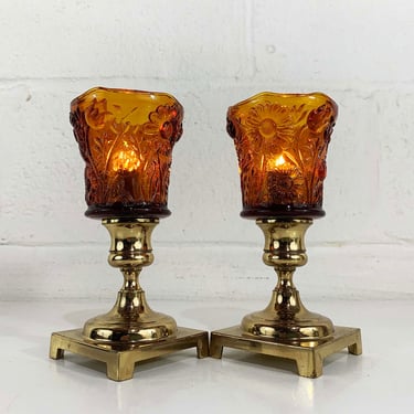 Vintage Glass Brass Candle Holders Pair Tea Light Candlesticks Wedding Candlestick Candleholders Amber Yellow Votives 1970s 