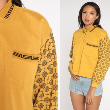 80s Henley Shirt Yellow Geometric Print Shirt Gitano Quarter Button Up Chest Pocket Abstract Shirt Long Sleeve 1980s Retro Tee Cotton Medium 