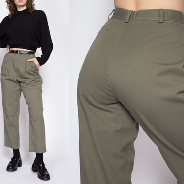Small 70s Olive Green High Waisted Trousers 25.5" | Vintage Pleated Tapered Leg Ankle Pants 