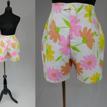 60s White Floral Shorts - 25.5" waist - Pink Yellow Green Orange Flowers - High Rise Waisted - Vintage 1960s - S 