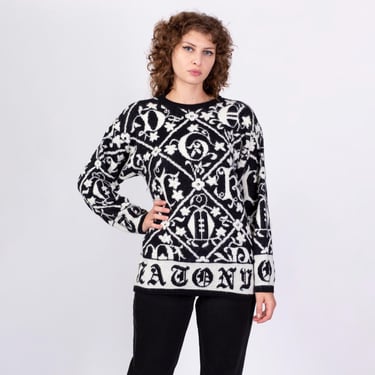 Medium 90s Black & White Baroque Sweater | Vintage LA To NYC Knit Pullover Jumper 