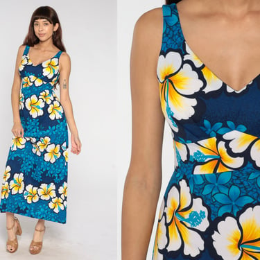 Hawaiian Maxi Dress 70s Hippie Blue Floral Print Long Tropical Bohemian Empire Waist 1970s Vintage Sleeveless Small 