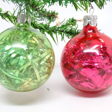 2 Antique Un-silvered  Glass with Tinsel Christmas Tree Ornaments, Vintage Holiday Decor 
