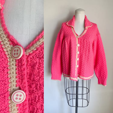 Vintage 1960s Hot Pink Collared Cardigan / S 