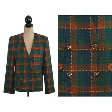 80s Collarless Plaid Blazer, Oversized Double Breasted Tweed Jacket M-L, Fall Tartan Rust Green Cobalt, 1980s Clothes Women Vintage TAN JAY 