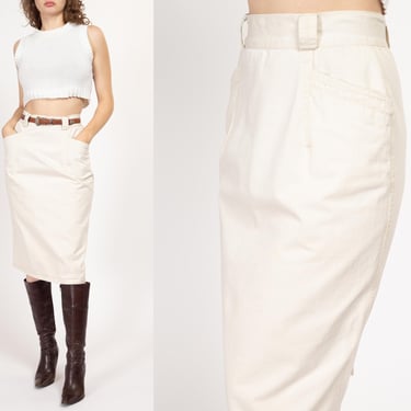 Medium 90s White Cotton High Waisted Midi Skirt | Vintage Minimalist A Line Pocket Skirt 