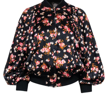 A.L.C. - Black w/ Pink Floral Print Silk Blend Bomber jacket Sz XS