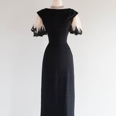 Fabulous 1950's Little Black Silk Wiggle Dress With Dramatic Sleeves & Low Back / SM