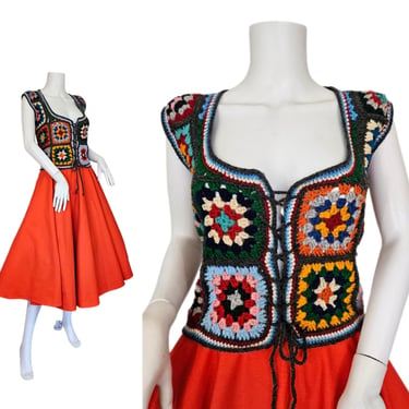 1970's Colorful Lace Up Crochet Granny Square Vest I Top I Sz Med 