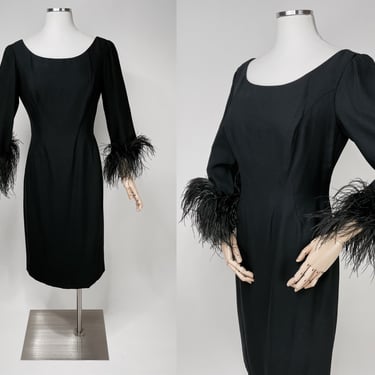 1960s Black Ostrich Feather Trim Long Sleeve Sheath Dress w Boat Neck | Medium 