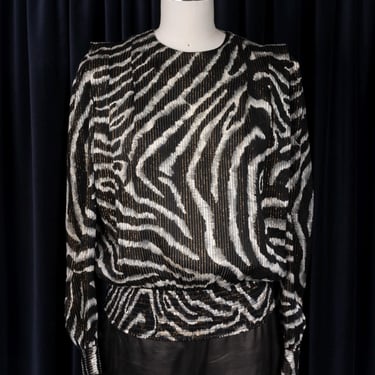 1980s Adrianna Papéll Silk and Gold Lurex Zebra Stripe Animal Print Sheer Blouse 