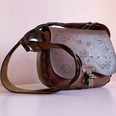 Vintage 1960s ‘70s hand tooled leather shoulder bag | OOAK handmade artisan hippie purse, flowers &amp; butterflies 