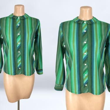 VINTAGE 60s MOD Green & Blue Striped Cotton Blouse | 1960s Sexy Secretary Top | Pointed Flat Collar | Vintage Separates | Marianne Shops vfg 