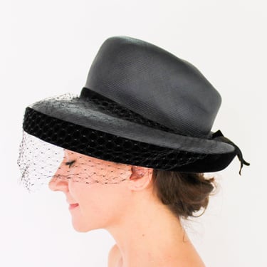 1950s Black Wide Brim Straw Hat | 50s Black Straw Hat | Himelhoch's 