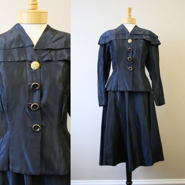 1940s Navy Taffeta Jacket and Skirt Set 