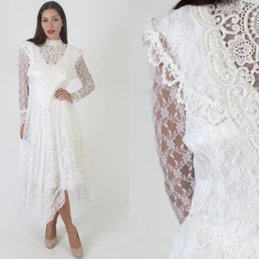 1980s Mermaid Hem Jessica McClintock Bridal Dress / White Lace Hanky Hemline Wedding Gown / Vintage Classic Victorian Style Size 8 