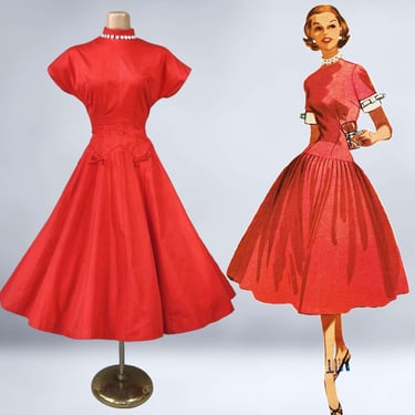 VINTAGE 50s Red Full Sweep New Look Party Dress with Mother of Pearl Paillettes 25