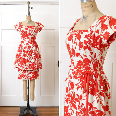 vintage 1950s summer dress • fifties Saks Fifth Ave red & white floral cotton tulip skirt dress 