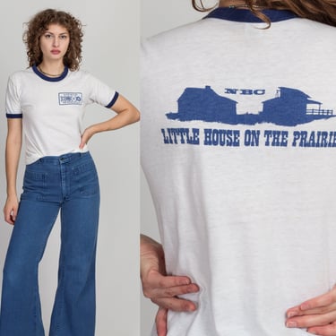 70s Little House On The Prairie Ringer Tee - Men's Small, Women's Medium | Vintage White Navy Blue NBC TV Series Retro Graphic T shirt 
