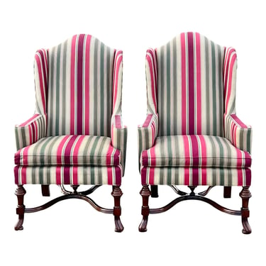 Southwood Furniture Carved Mahogany William and Mary Wingback Chairs - a Pair 