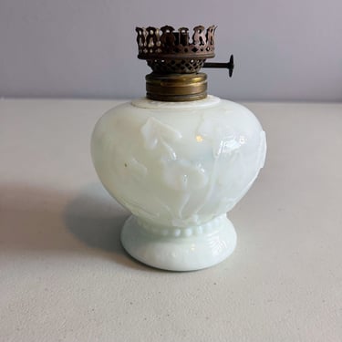 Antique Opalescent Milk Glass Oil Lamp Embossed Floral Pattern 