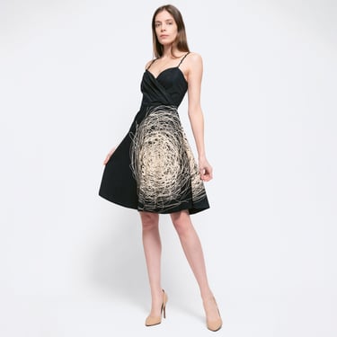 XS Vintage Patrizia Pepe Scribble Graphic Fit & Flare Dress | Y2K Made In Italy Black Sequin Spaghetti Strap Party Dress 