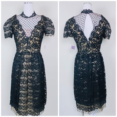 1980s Vintage Victor Costa Black Lace Victorian Dress / 80s Swiss Dot Mesh Goth Puffed Sleeve Wiggle Gown / Size Medium 