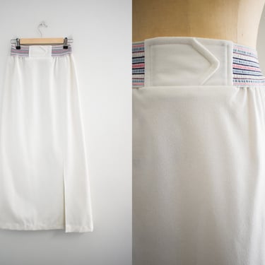 1970s White Knit Maxi Skirt with Striped Waistband 