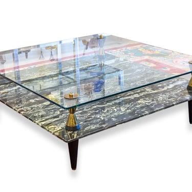 Contemporary Modern Green Marbled Glass and Brass Cocktail Coffee Table 