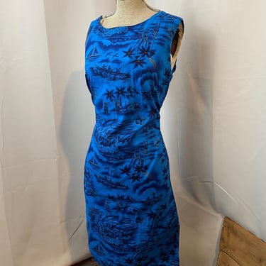 1960s Vintage Blue Hawaiian Dress Hawaii A Line Pockets M 