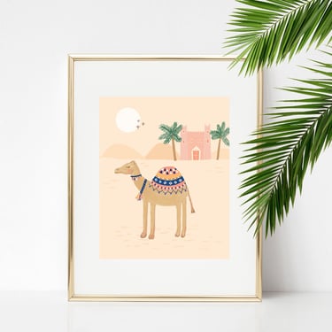 Camel In Desert 8X10 Art Print/ Moroccan Inspired Wall Decor/ Animal Illustration For Nursery or Kid's Bedroom 