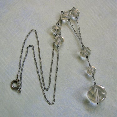 Art Deco Sterling Crystal Dangle Necklace, Antique Sterling Czech Crystal Necklace, 1920's Sterling Crystal Necklace (#4154) 