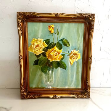 Original Vintage Oil Painting Framed Floral Yellow Roses Ornate Gold Wood Frame 