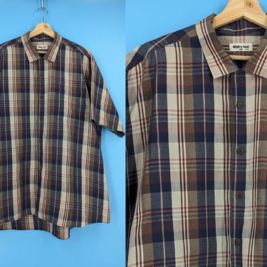 Vintage 70s Men's 4X Short Sleeve Plaid Button Down - Seventies Mighty-lord Big Blue Brown Plaid Shirt 