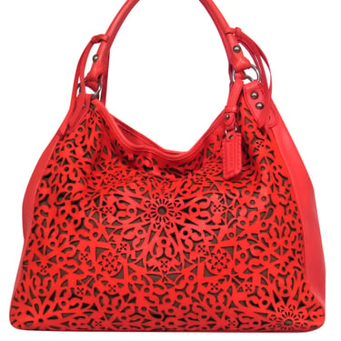 Isabella Fiore - Bright Coral Leather Lasercut Floral Tote Bag