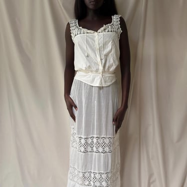 Vintage Edwardian Cotton Gauze Cloth Crochet Pleated Petticoat Skirt 