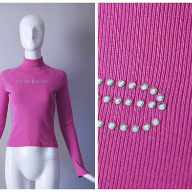 Vintage Y2K BEBE Pink Knit Turtleneck Top with Rhinestone Emblem | retro 90s 1990s 2000s | 