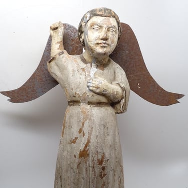 Antique 1800's  Polychrome Santos Archangel with Tin Wings, Hand Carved Saint Michael, Vintage Primitive Religious Church Art 