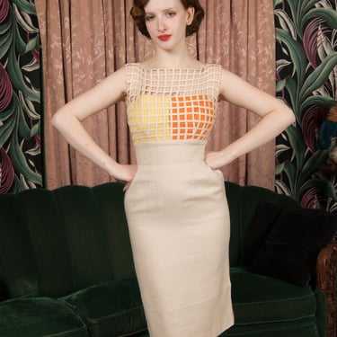 1950s Dress - Bombshell Color Block Vintage 50s Linen Dress with Lattice Bodice 