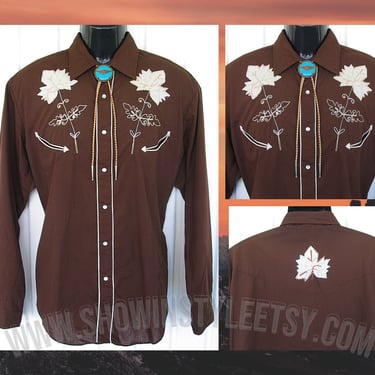The 45 West Collection  Vintage Western Men's Cowboy & Rodeo Shirt, Dark Brown with Embroidered Leaves, 16.5-35, Large (see measurements) 