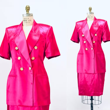 Vintage 80s 90s Bright Pink Fuchsia Satin Suit Jacket Skirt with Rhinestone Buttons Criscione Size Medium Large // 90s Glam Pink Barbie Suit 