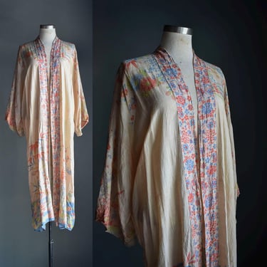 Antique Pongee Robe / Vintage Kimono Robe / Vintage Silk Robe / Antique Silk Robe / Antique Silk Duster Jacket 