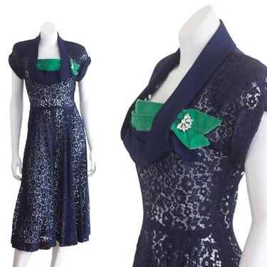 SHIPPING Early 1940s blue lace dress with green velvet detail 