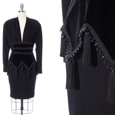 Vintage 1980s Dress | 80s Black Velvet Wool Jersey Tassels Beaded Wiggle Cocktail Party Dress (small) 