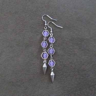 Silver and purple agate geometric hexagon earrings 