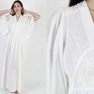 70s Ethereal Edwardian Floor Length Dress, Vintage Plain White Cottagecore Florals, Embroidered Angel Kimono Sleeve Maxi Dress 