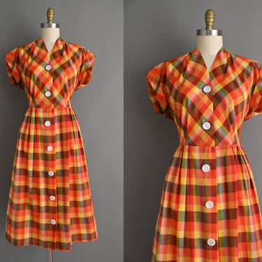 vintage 1950s Dress | Sherbet Orange Plaid Print Cotton Shirtwaist Day Dress | Large XL 