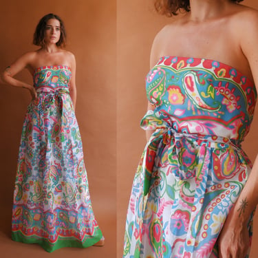 Vintage 70s Psychedelic Strapless Gown/ 1970s Cotton Voile Colorful Maxi Dress/ Size Medium 