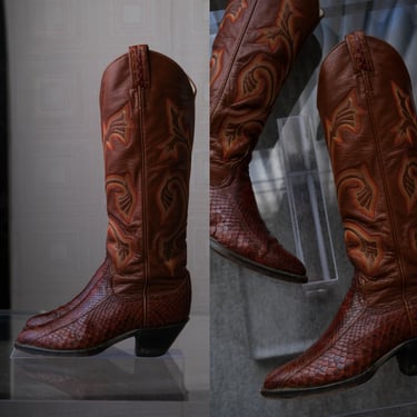 Vintage HYER Hand Made 1970s Mahogany Leather & Snakeskin Western Boots | Made in USA | Size W 6 | Designer Cowgirl Boots 1970s Snakeskin 