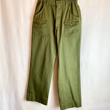 Vintage 60’s Boy Scout pants High gathered waist army olive green pockets snaps Unisex outdoorsy hipster slacks size 32 